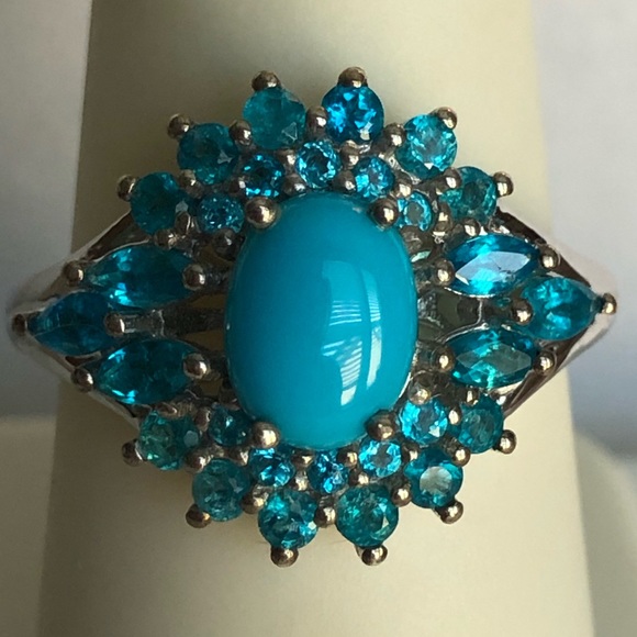 Sleeping Beauty Turquoise Gemstone & Neon Apatite in Platinum Ring - Picture 1 of 4